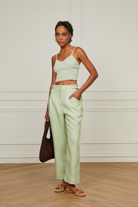 Calça De Linho Reta Verde Com Fivela Nas Laterais Verde Oceanico - 42