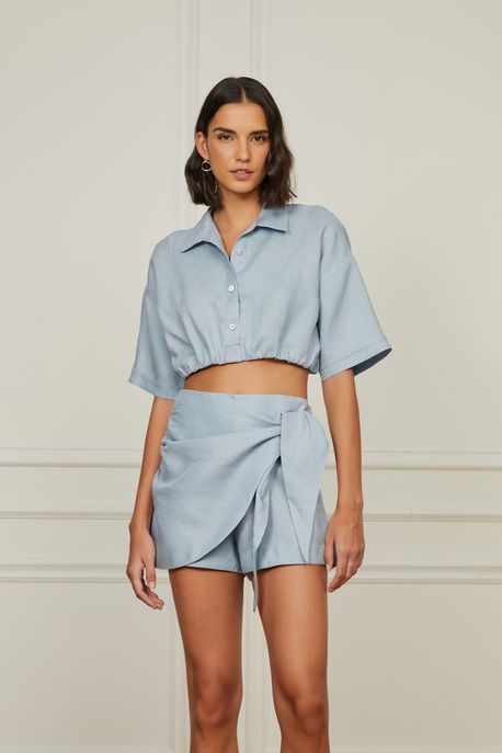 Camisa De Linho Cropped Manga Curta Azul Maresias Azul Maresias - 36