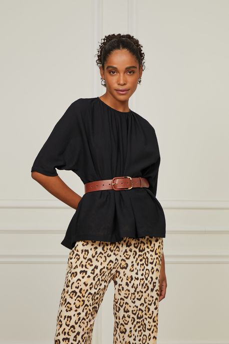 Blusa De Algodão Texturizado Com Gola Franzida Preto - 40