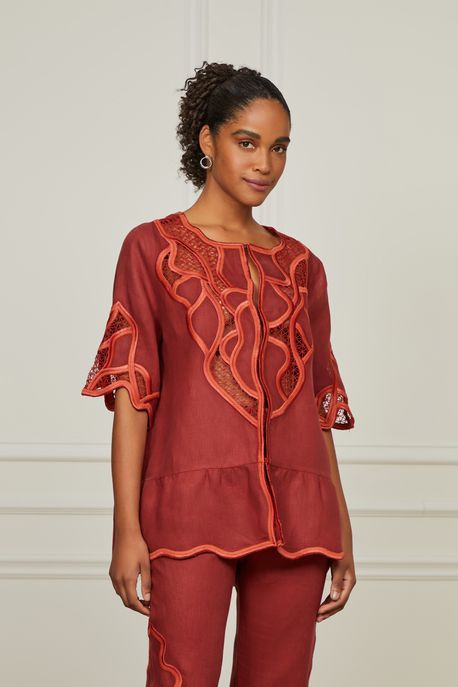 Túnica De Linho Com Bordado Vazado Marrom Raiz - G