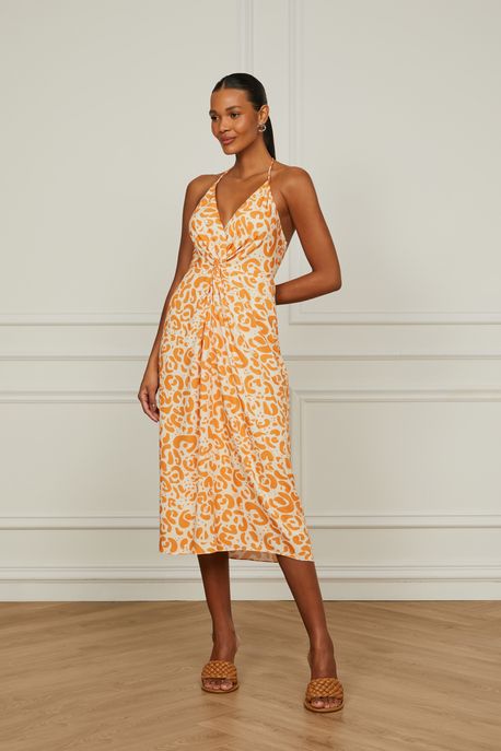 Vestido Midi Decote v Detalhe Torção Alças Finas Estampado Onça Lido Laranja Est. Onca Lido Laranja e Biscoito - 42