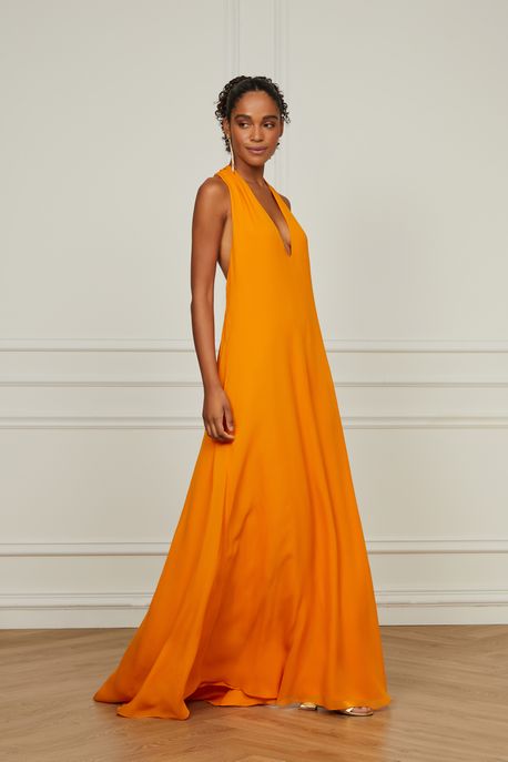 Vestido Longo Com Decote Profundo e Meta Laranja Sun - 38