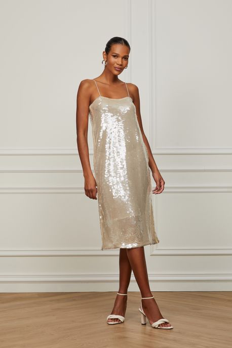 Vestido De Paetê Midi Transparente Reto Bege Whitecap - 36