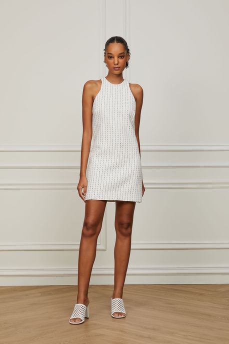 Vestido Mini Com Listras Reto e Decote Nadador Off White / Azul - 36