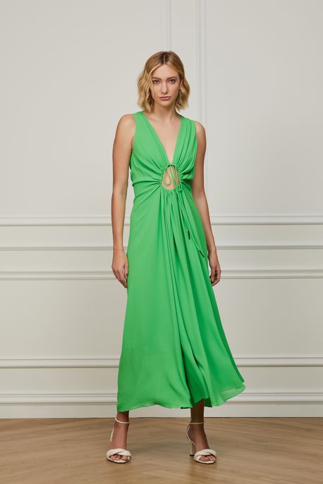 Vestido De Georgette Pesado Midi Verde Recorte Com Colissê Verde Classico - 40