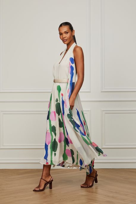 Vestido De Georgette Pesado Longo Frente Única Com Cinto e Sobreposição Estampado Est Loc Pintura Sancinetti Textura Kirli - 38