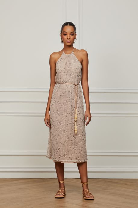 Vestido Midi Frente Única Com Tecido Telado Bege Whitecap - 40
