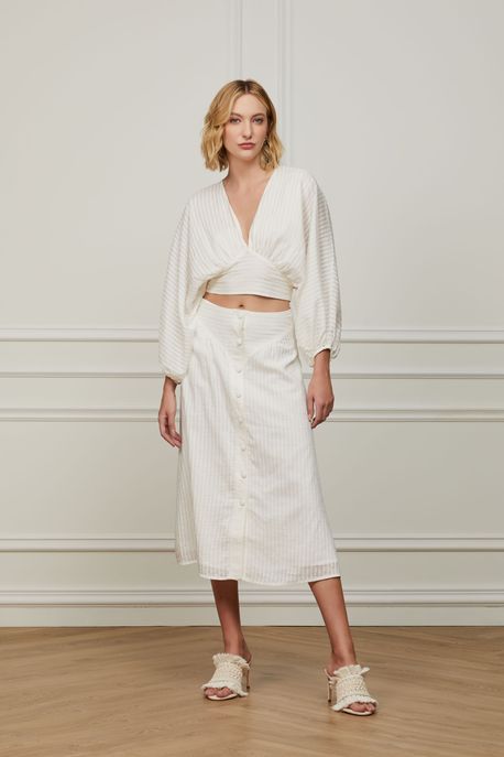 Saia Midi Godê Off White Com Abotoamento Frontal Off White - 36