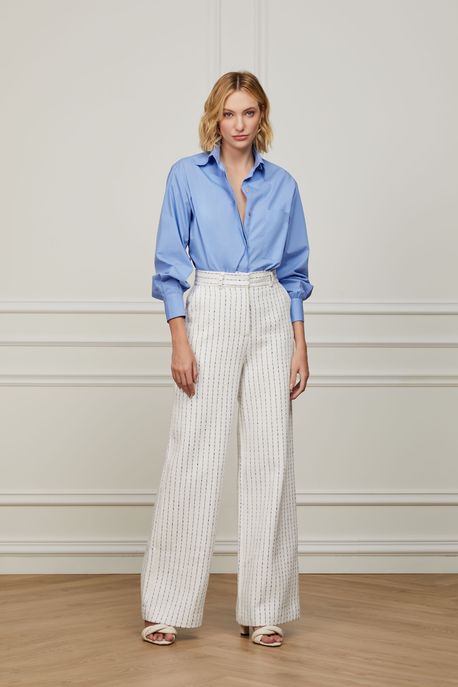 Calça Pantalona Alfaiataria Com Listras Off White / Azul - 38