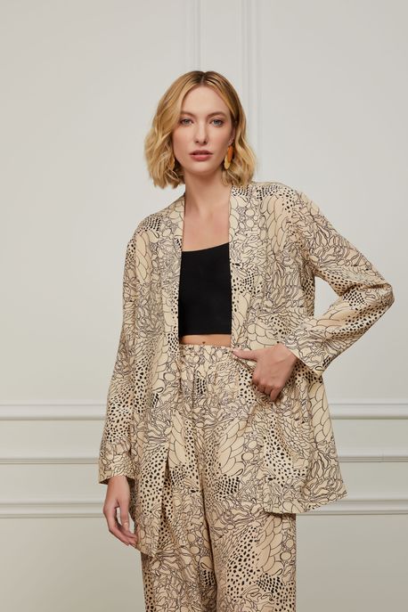 Camisa De Seda Estampada Com Amarração Frontal Est Abstrato Mancha Baunilha m - 38