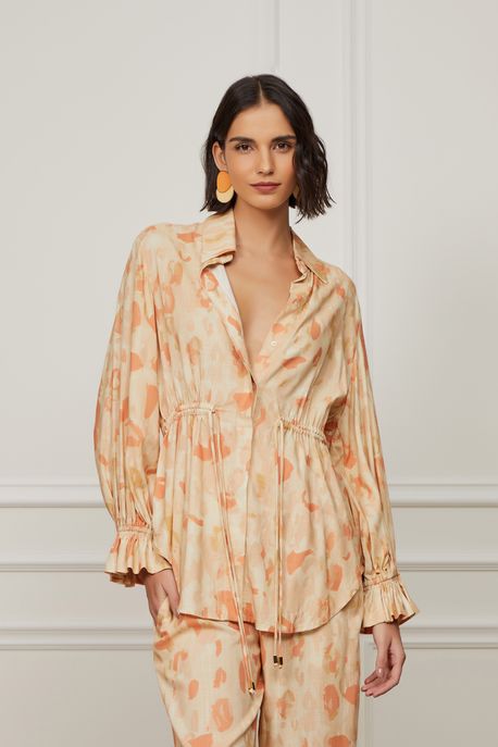 Camisa Manga Longa De Viscose Com Amarração Cintura Est Onca Sobreposicao Baunilha e Mock - 36