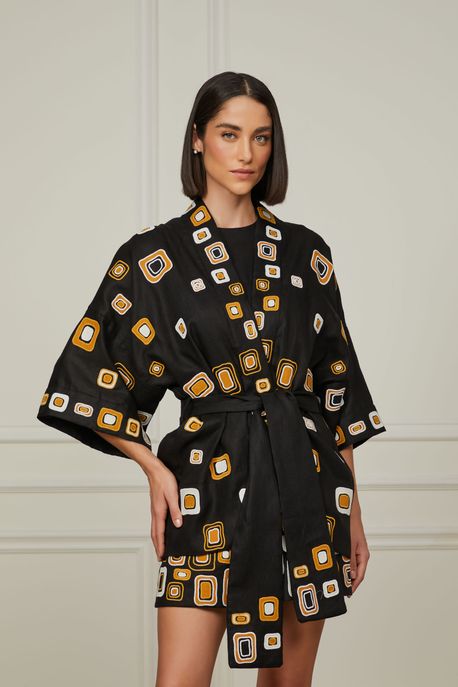 Kimono De Linho Bordado Mosaico Preto - P