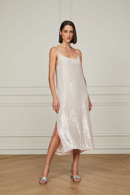 Vestido Midi Com Alcinha De Paetê Brilhoso Rosa Claro Rosa Claro - 38