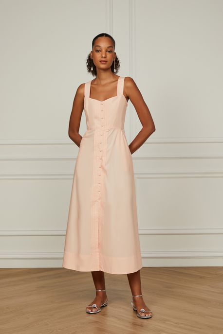 Vestido De Algodão Midi Rosa Pessego Com Abotoamento Frente