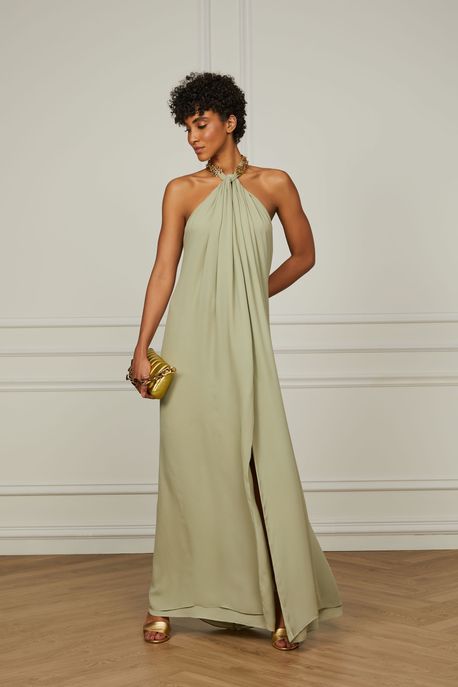Vestido Longo Verde Yura Frente Única Com Metal No Pescoço Verde Ayura - 42