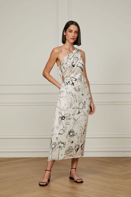 Vestido De Seda Midi Estampado Um Ombro Só Est. Floral Mistico - 38
