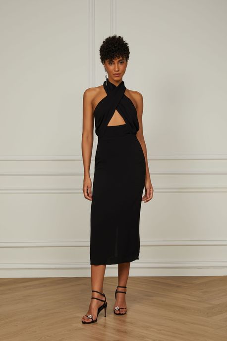 Vestido Midi Preto Com Decote Transpassado Preto - 42
