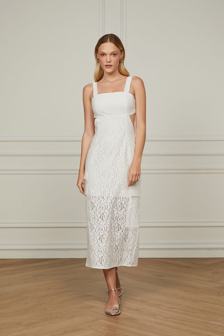 Vestido De Renda Midi Off White Com Recortes Laterais Off White - 36