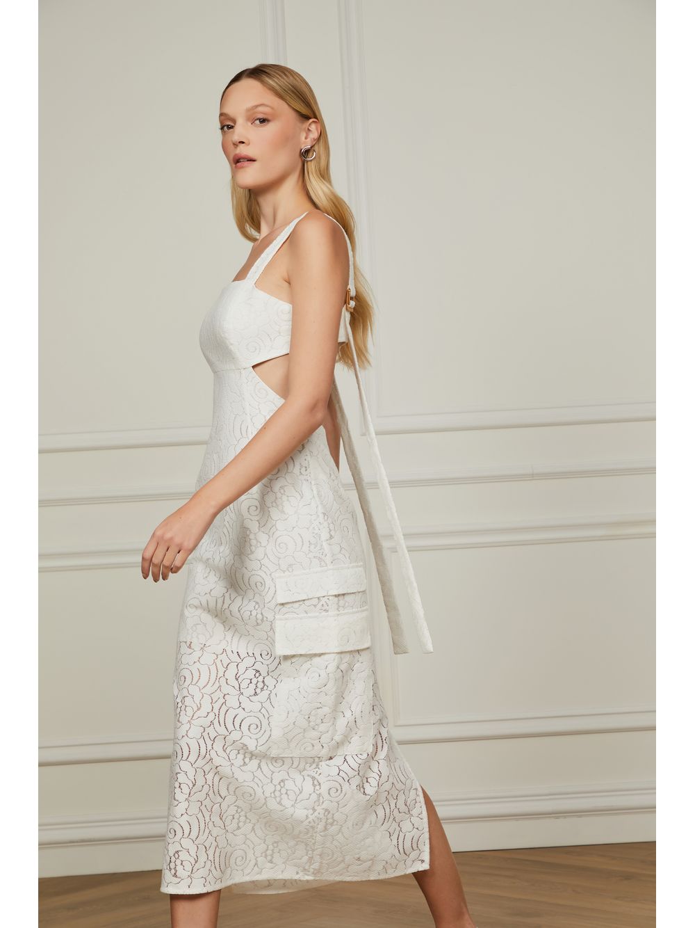 Animale — Vestido De Renda Midi Off White Com Recortes Laterais
