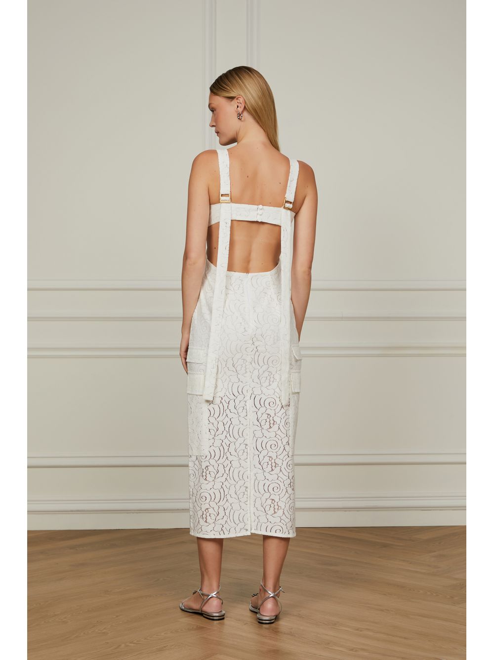 Animale — Vestido De Renda Midi Off White Com Recortes Laterais