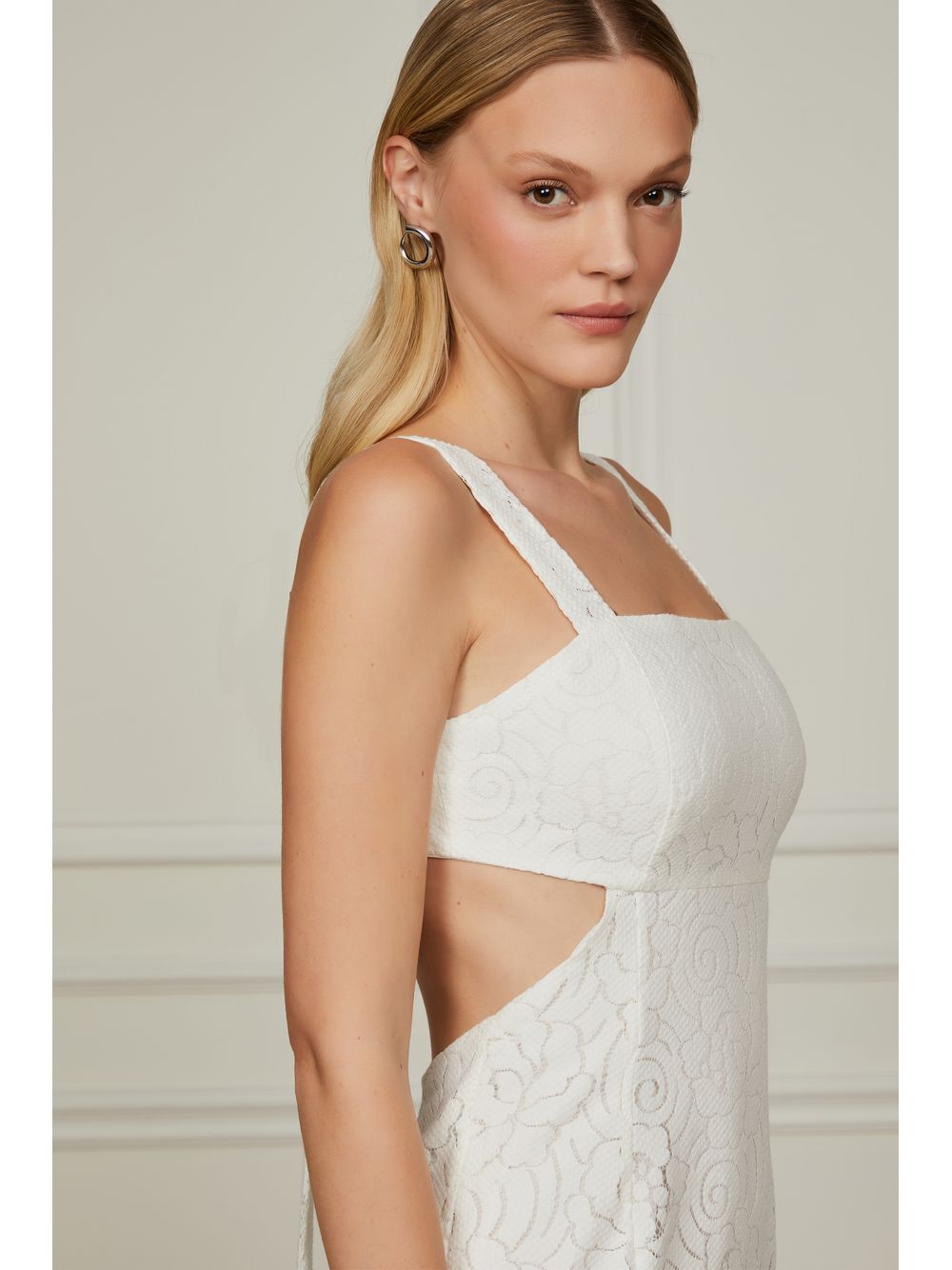 Animale — Vestido De Renda Midi Off White Com Recortes Laterais
