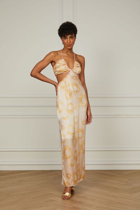 Vestido De Seda Longo Estampado Com Abertura Nas Costas Est Fig Luas Douradas ¨ - 36