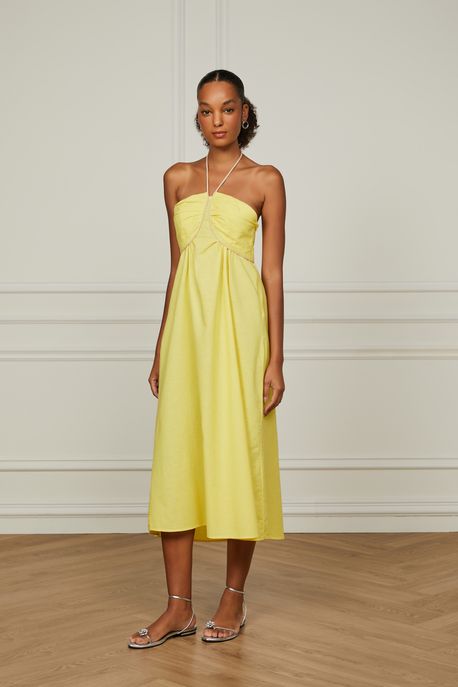 Vestido De Linho Midi Amarelo Aurora Com Vivo No Decote Amarelo Aurora - 34