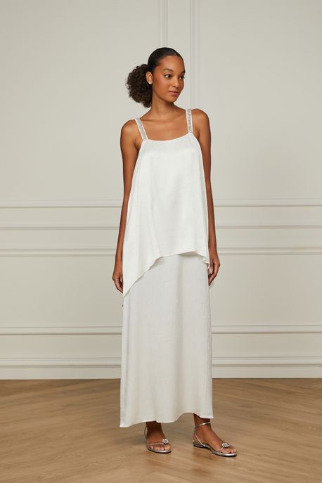 Vestido Longo Branco Alça Bordada Pedraria Branco Cru - 44