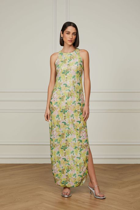 Vestido De Paetê Longo Com Decote Nadador Estampa Floral Peggy Est Floral Peggy Branco m - P