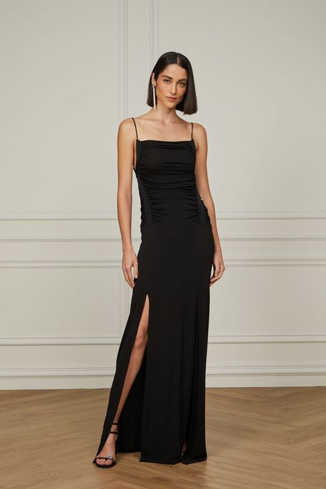 Vestido De Malha Jersey Longo Com Detalhe Gorgurão Preto - P