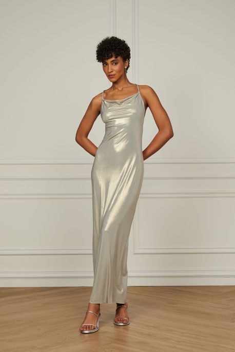 Vestido Longo De Malha Metalizada Com Degade Prata - P