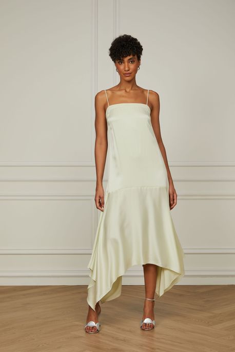 Vestido De Seda Midi De Alça Com Barra Assimétrica Verde Canary - 38