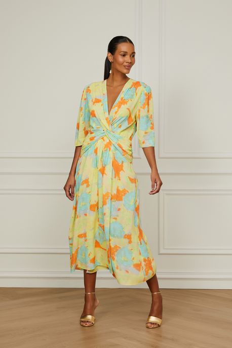 Vestido De Georgette Pesado Midi Estampado Decote v Est Floral Agridoce Aurora - 36