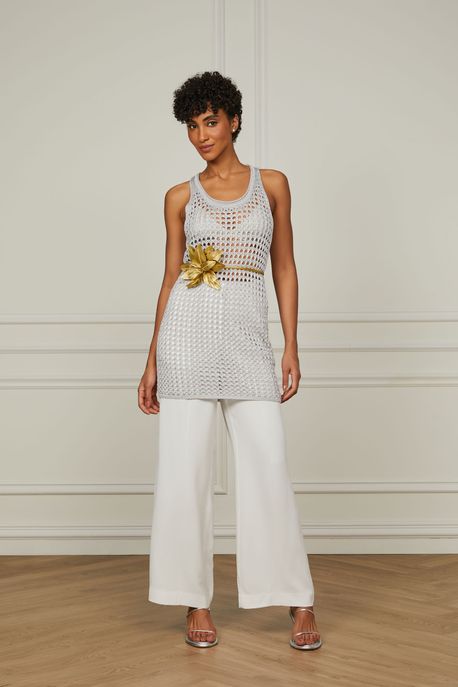 Vestido De Tricot Curto Lux Com Decote u Lurex Prata Prata - G