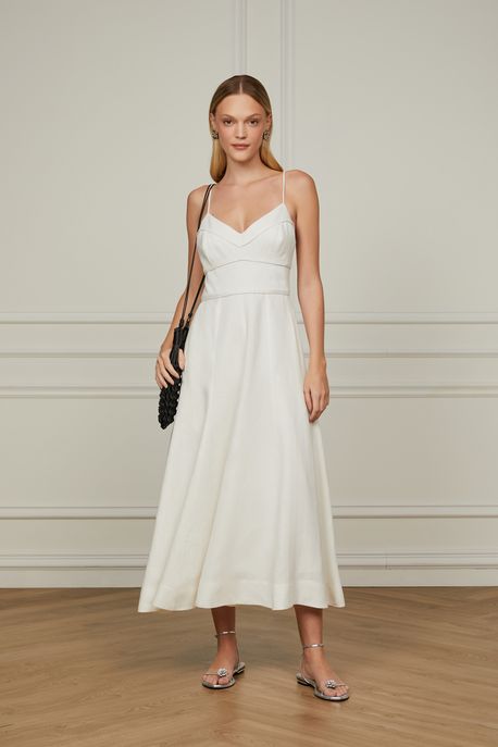 Vestido Com Saia Godê De Linho Off White