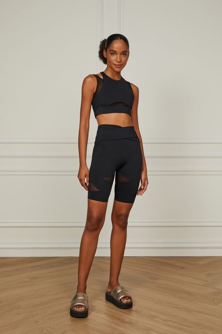 Bermuda Alongada Com Detalhe Mesh Preto/Roxo - M