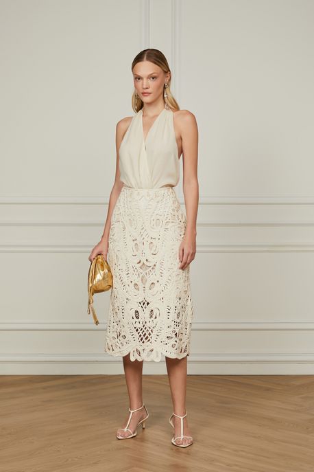 Saia Midi Com Bordado Vazado e Linho Bege Whitecap - M