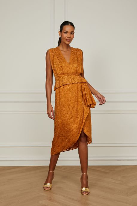 Saia Midi Jacquard Marrom Cós De Elástico Com Babado Marrom Mascavo - 42