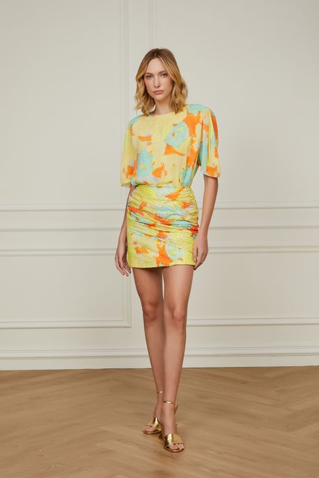 Saia De Paetê Curta Estampada Franzida Est Floral Agridoce Aurora - 38