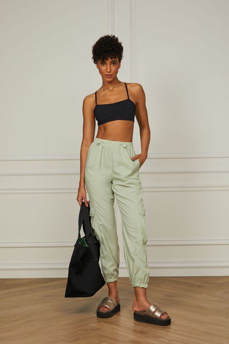 Calça De Cós Duplo Com Ajuste Verde Yura - P