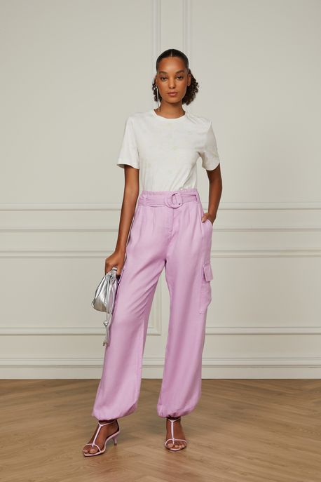 Calça Cargo Ampla De Linho Cinto Rosa Buque - 42