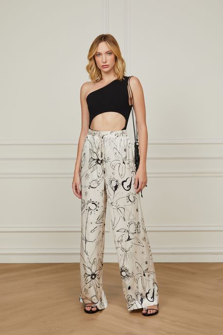 Calça Pantalona De Seda Estampada Com Elástico Nos Cós Est. Floral Mistico - 38