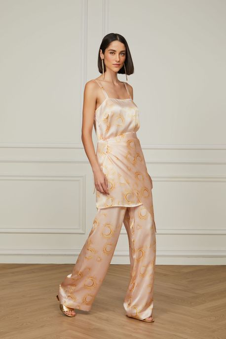 Calça De Seda Estampada Com Cintura Alta e Pregas Est Fig Luas Douradas ¨ - 34