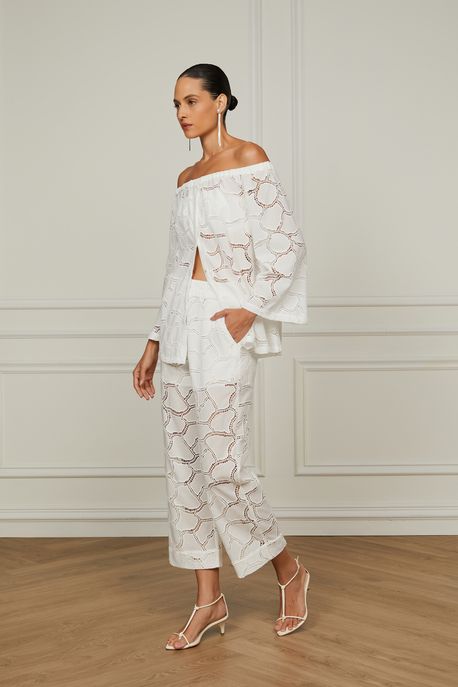 Calça Laise De Algodão Com Cós De Elástico Off Off White - 38