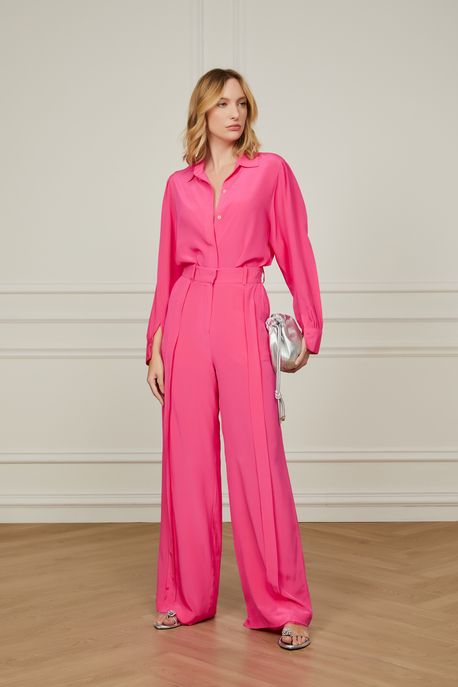 Calça Pantalona De Seda Rosa Buquê Com Pregas Frontais Rosa Acido - 42