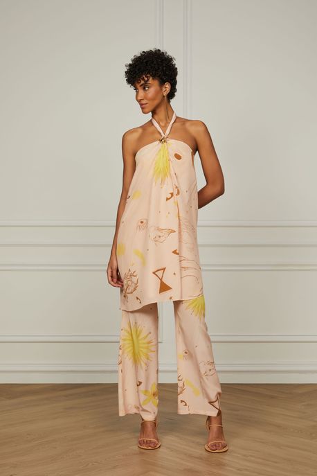 Calça De Seda Flare Estampada Est Abstrato Mistico Rose Tan - 36