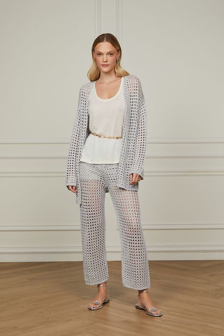 Calça De Tricot Lux Com Hotpant Lurex Prata Prata - P