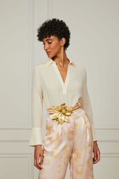 Camisa De Seda Bege Polo Bege Biscoito - 42