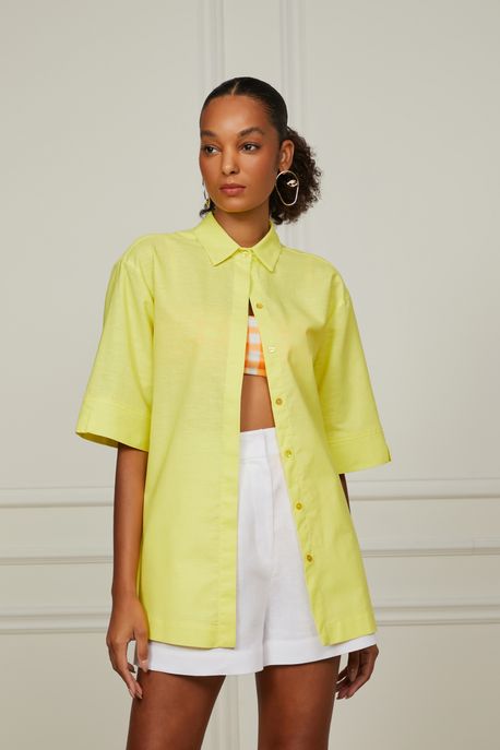 Camisa De Linho Amarelo Aurora Com Manga Curta Amarelo Aurora - 40