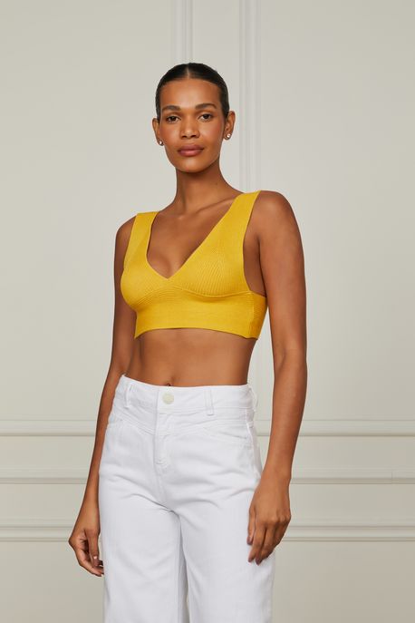 Top De Tricot Canelado Com Decote v Laranja Laranja Agridoce - M